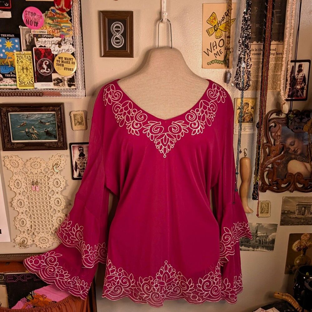 Embroidered Bell Sleeve Tunic Blouse Women's XL Hot Pink White
